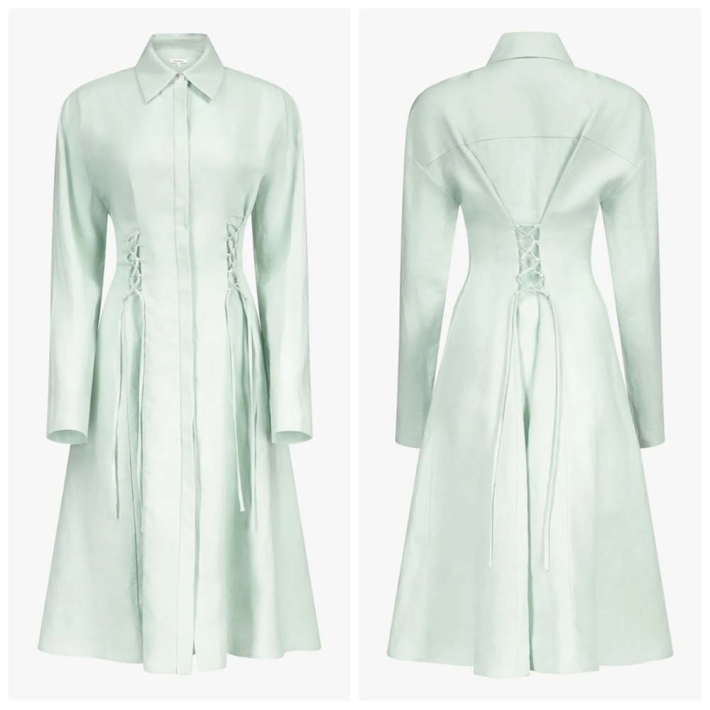 PRISCAVera Linen Laced Button Down Dress Matcha Green Small